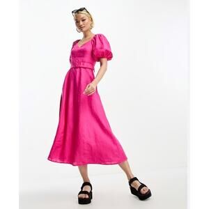 & Other Stories Pink Linen Puff Sleeve Midi Dress Cottagecore Size 2